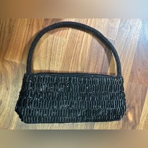 Elegant black beaded satin handbag for special events EUC